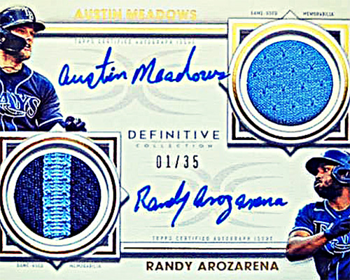 Image of a 2022-Topps-Definitive-Collection-Baseball-Dual-Autograph-Relic-Austin-Meadows-Randy-Arozarena card